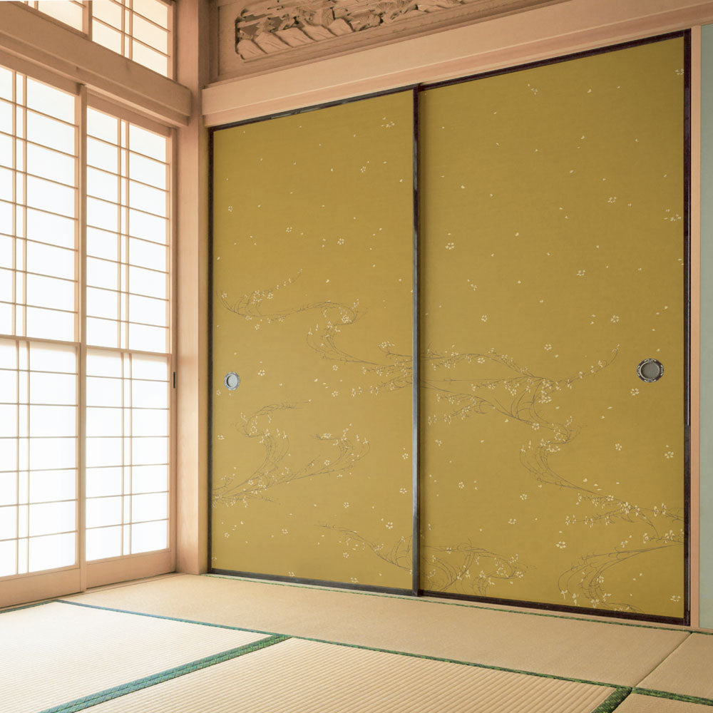 Fusuma remake sheet, wipeable sticker type, Taisho Roman, connected 2 patterns, small flowers B, mustard color (approx. 185cm × 100cm)