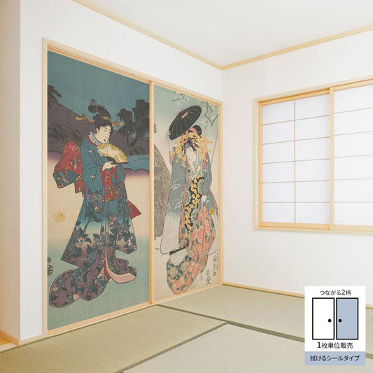 Fusuma Remake Sheet Wipeable Sticker Type Connected 2 Patterns Utagawa Kunisada Iwai Kumesaburo (Approx. 185cm × 100cm)