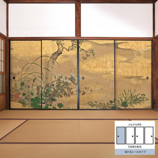 Fusuma Remake Sheet Wipeable Sticker Type Connected 4 Patterns Watanabe Shikou Four Seasons Flower and Tree Screen A (approx. 185cm × 100cm)