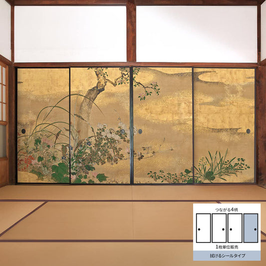 Fusuma remake sheet, wipeable sticker type, 4 connected patterns, Watanabe Shikou Four Seasons Flower and Tree Screen D (approx. 185cm × 100cm)
