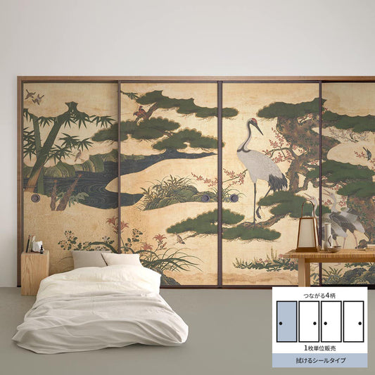 Fusuma remake sheet, wipeable sticker type, connected 4 patterns, Four Seasons Flower and Bird Folding Screen A (approx. 185cm × 100cm)