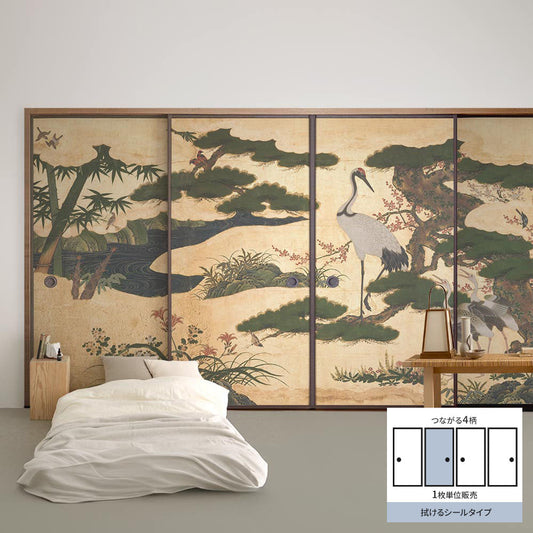 Fusuma remake sheet, wipeable sticker type, connected 4 patterns, Four Seasons Flower and Bird Screen B (approx. 185cm × 100cm)