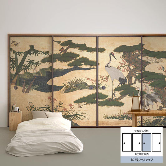 Fusuma Remake Sheet Wipeable Sticker Type Connected 4 Patterns Four Seasons Flower and Bird Folding Screen C (approx. 185cm × 100cm)