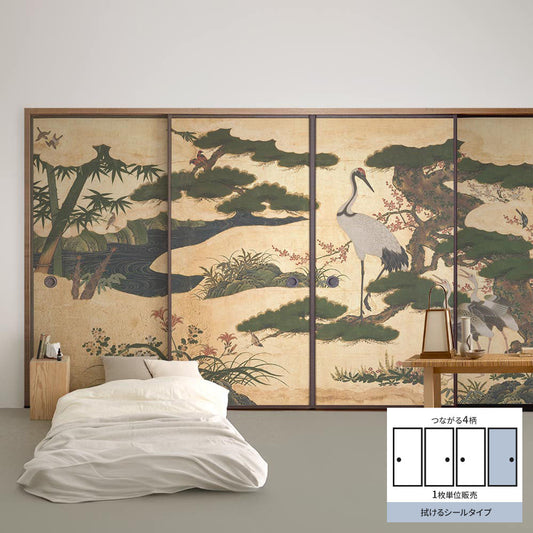 Fusuma Remake Sheet Wipeable Sticker Type Connected 4 Patterns Four Seasons Flower and Bird Screen D (approx. 185cm × 100cm)