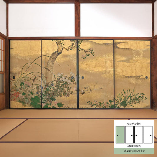 Fusuma Remake Sheet Deodorizing Non-Glue Type Connected 4 Patterns Watanabe Shikou Four Seasons Flower and Tree Screen A (approx. 185cm × 100cm)