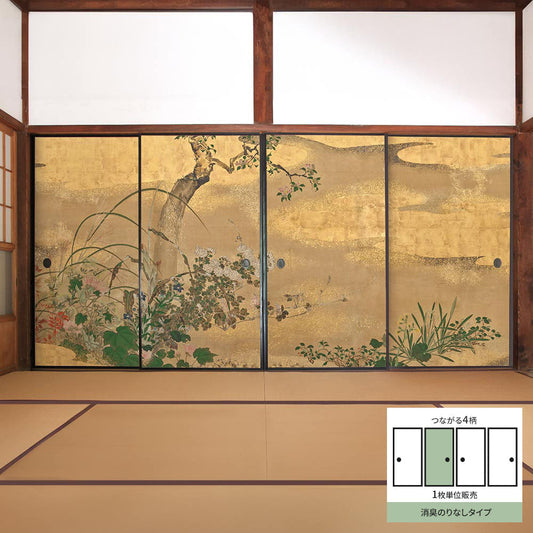 Fusuma Remake Sheet Deodorizing Non-Glue Type Connected 4 Patterns Watanabe Shikou Four Seasons Flower and Tree Screen B (approx. 185cm × 100cm)