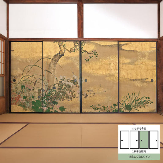 Fusuma Remake Sheet Deodorizing Adhesive-Free Type Connected 4 Patterns Watanabe Shikou Four Seasons Flower and Tree Screen C (approx. 185cm × 100cm)