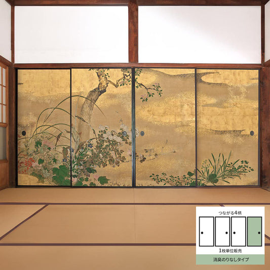 Fusuma Remake Sheet Deodorizing Adhesive-Free Type Connected 4 Patterns Watanabe Shikou Four Seasons Flower and Tree Screen D (approx. 185cm × 100cm)