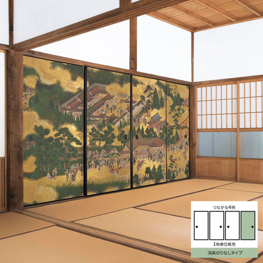 Fusuma Remake Sheet Deodorizing Adhesive-Free Type Connected 4 Patterns Ise Monogatari Kamo Shrine Horse Racing D (approx. 185cm × 100cm)
