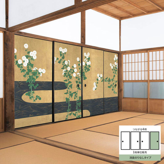 Fusuma Remake Sheet Deodorizing Non-Glue Type Connected 4 Patterns Ogata Kōrin Kikukawa Folding Screen D (approx. 185cm × 100cm)