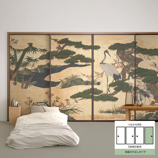 Fusuma Remake Sheet Deodorizing Adhesive-Free Type Connected 4 Patterns Four Seasons Flower and Bird Screen D (Approx. 185cm × 100cm)