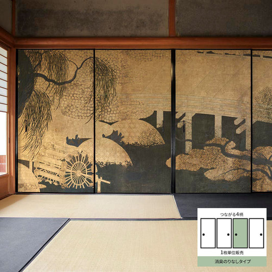 Fusuma Remake Sheet Deodorizing Adhesive-Free Type Connected 4 Patterns Hasegawa Tohaku Yanagibashi Waterwheel Screen C (approx. 185cm × 100cm)