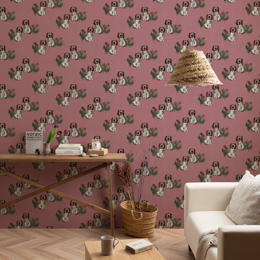 Removable Wallpaper Non-Adhesive Type WALLTZ ma.macaron Twin Dogs Cyan Jumot Dusty Rose NWZ-CJDR (49cm×3m size)